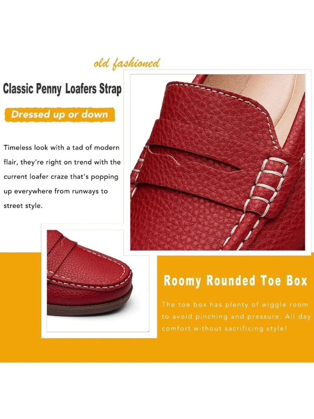 Women's Red Leather Comfortable Penny Loafers Slip On Casual Walking Shoes